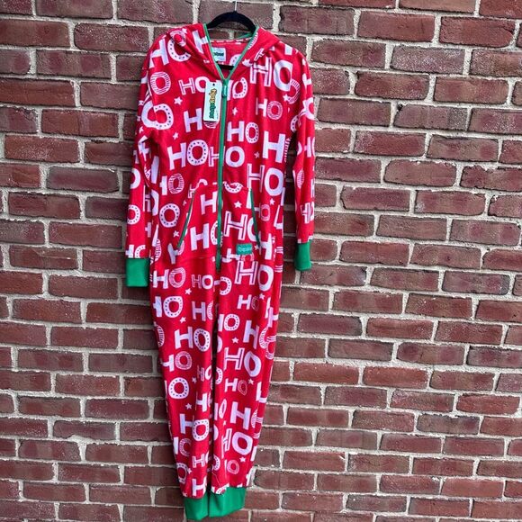 Tipsy Elves $80 unisex Ho Ho Ho Full Zip Holiday Fleece pajamas one piece Red Sm - Picture 4 of 9